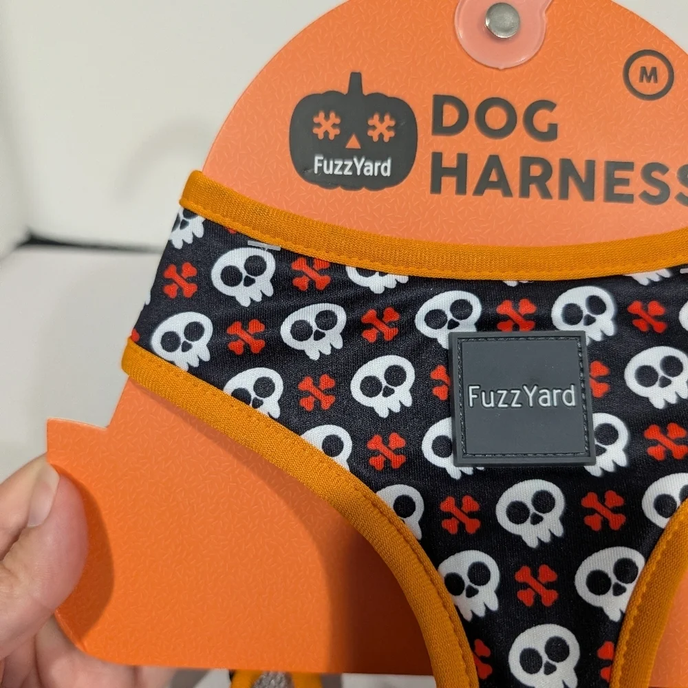 NWT FuzzYard Halloween Skulss Orange, White & Black Dog Harness in Size Medium